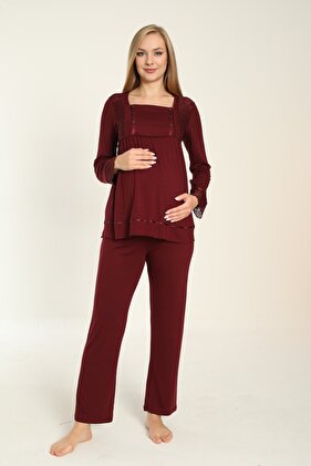 Uzun Kol Bordo Hamile Ve Lohusa Pijama Takımı