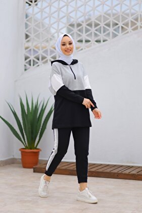 Double Colored Hooded Zipper Detail Tunic Trousers Double Set 132 - Gray