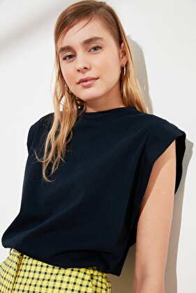 Navy Blue 100% Cotton Wadding Look Basic Crew Neck Knitted T-Shirt TWOSS20TS0021