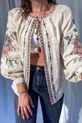 Women's Beige Rose Embroidered Jacket