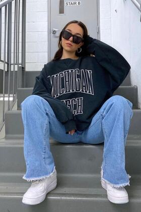 Kadın Bisiklet Yaka Siyah Michigan Tech Yazılı Baskılı Oversize Sweatshirt