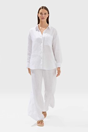 Keten Düz Kesim Geniş Pantolon