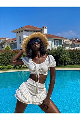 Kadın Beyaz Büzgülü Crop Top