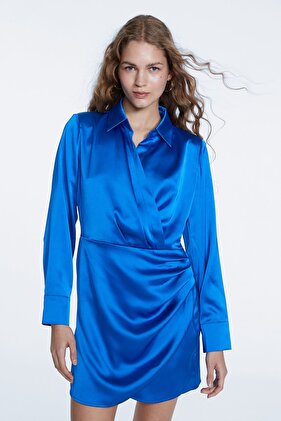 Saten Drape Etekli Kısa Elbise