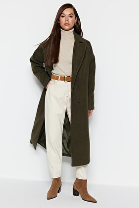Khaki Oversize Wide Cut Long Wool Cashmere Coat TWOAW21KB0038