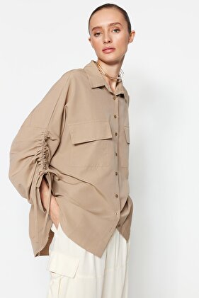 Stone Sleeves Adjustable Drawstring Detailed Woven Cotton Shirt TCTSS23TG00011