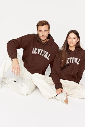 Brown Oversize/Wide Cut Hooded Inside Fleece/Warm Unisex Sweatshirt Tmnaw22Sw1462