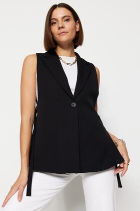 Black Oversize Accessory Side Tie Detail Single Button Lined Woven Vest Twoaw23Ye00032