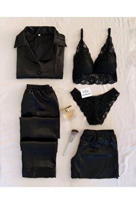 طقم ملابس داخلية بيجامة من الساتان مكون من 5 قطع من الأفيون الأسود