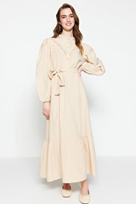 Beige Embroidered Waist Tied Woven Dress TCTSS23EB00206