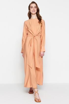 Light Orange Waist Tie Detailed Woven Dress TCTSS23EB00221