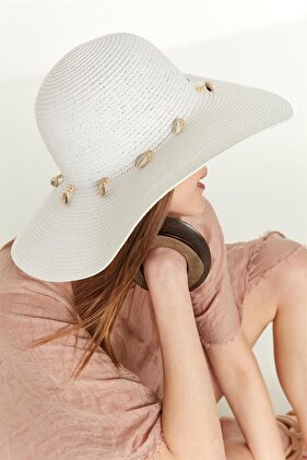 Straw Hat with Sea Shell White Rş-05