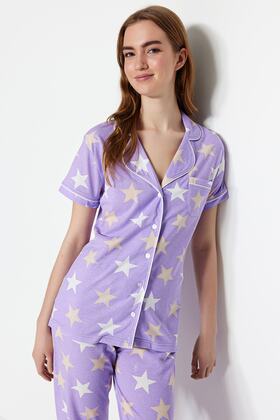 Lilac Star Print Knitted Pajamas Set with Sleep Headband - Thmss21Pt0786
