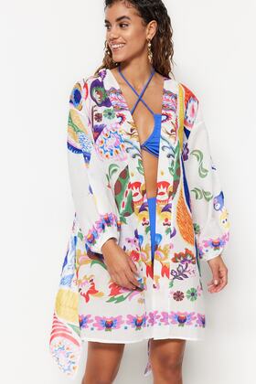 Floral Patterned Belted Mini Woven Balloon Sleeve 100% Cotton Kimono&Kaftan TBESS22KM0022