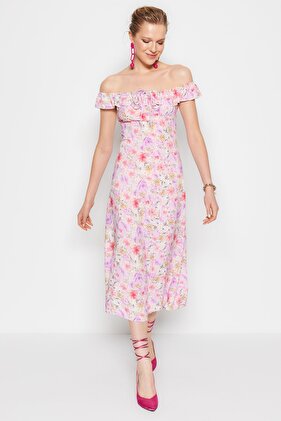 فستان متوسط الطول منقوش بالزهور باللون الأرجواني على شكل حرف A - TWOSS23EL01243