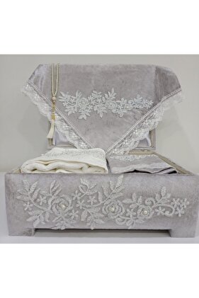 طقم سجادة صلاة برباط فرنسي مكون من 6 قطع مع صندوق رمادي فاخر