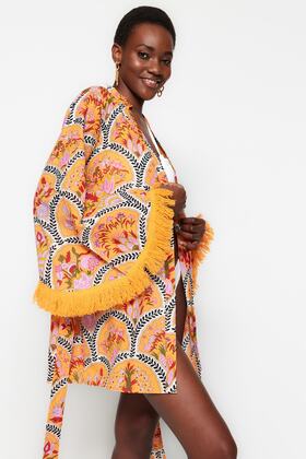 100% Cotton Mini Floral Print Beach Kimono & Kaftan - Tbess23Km00004