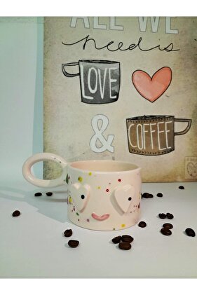 Uzun Saplı Kalpgözlü Tasarım Kupa, El Yapımı Seramik Kupa, Kahve Kupası, Kahve Fincanı, Çay Bardağı