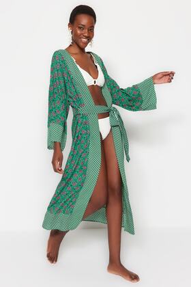 Ethnic Patterned Woven Maxi Beach Belted Kimono&Kaftan Tbess21Km0171
