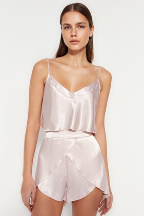 Powder Satin Rope Suspender Shorts Woven Pajamas Set Thmss23Pt00097