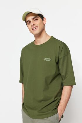 Khaki Oversize/Wide Cut 100% Cotton Crew Neck Minimal Text Printed T-Shirt Tmnss23Ts00084