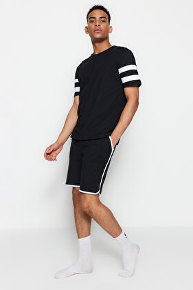 Black Regular Fit Crew Neck Sleeve Striped Pajamas Set with Shorts TMNSS23PT00001