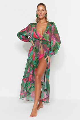 Tropické vzorované maxi pletené šifonové kimono a kaftan s proužky příslušenství TBESS23KM00002