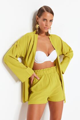 Zielony olejowy, tkany kimono, szorty, zestaw plażowy TBESS23AU00089