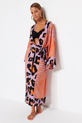 Leopard Patterned Maxi Kimono & Kaftan - Belted, Woven TBESS21KM0171
