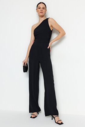 Black Single Shoulder Maxi Wide Leg Woven Jumpsuit TWOSS23TU00078