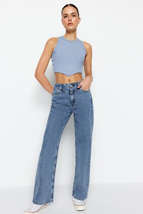 Dark Blue Waist Detailed High Waist Wide Leg Jeans TWOSS21JE0385