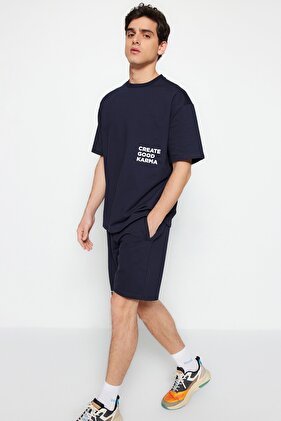Navy Blue Tracksuit Set Regular Drop Shoulder Lettering Printed Cotton Tmnss23Em00001