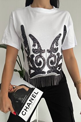 Women's White New Season Complete Sequin Embroidered Tassel Design Cotton T-Shirt