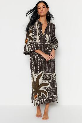 Tropical Patterned Maxi Woven Tasseled 100% Cotton Kimono&Kaftan TBESS20KM0024
