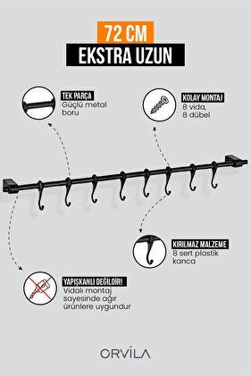 Siyah Metal Mutfak Ve Banyo Askısı Çok Amaçlı 8 Kancalı Askı Demiri Maxi 72 Cm