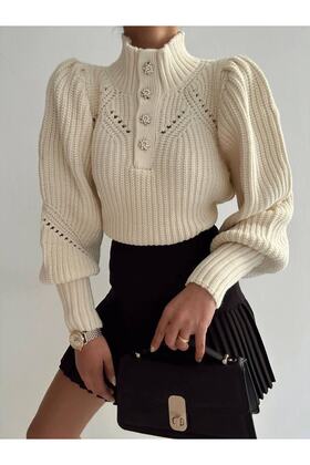 Stone Button Stand Collar Ecru Knitwear