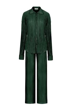Women's Pleated Emerald Green Double Set Satin Crew Neck