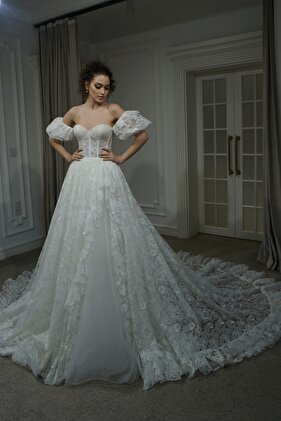 Hollie Lace Balloon Sleeve A-line Wedding Dress