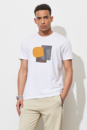 Erkek Beyaz Slim Fit Dar Kesim Bisiklet Yaka %100 Pamuk Baskılı Tişört