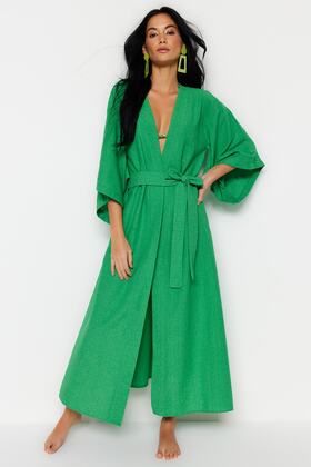 Green Belted Maxi Woven Linen Look Kimono & Kaftan TBESS23KM00058