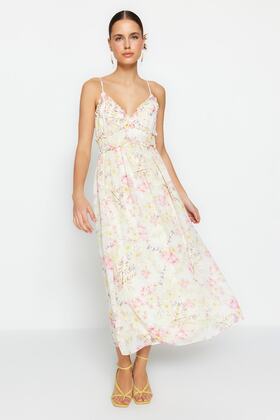 فستان طويل منسوج من الشيفون مزين بنقشة زهور بيضاء على شكل حرف A TWOSS23EL02013