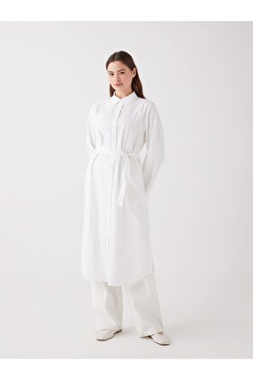 Damska tunika popelinowa z długim rękawem i kołnierzykiem koszuli, haftowana