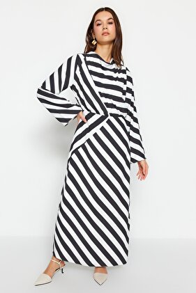 Black Striped Degaje Collar Woven Dress TCTSS23EB00279
