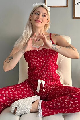 Red Leaf Lace Rope Strap Knitted Women's Pajama Set