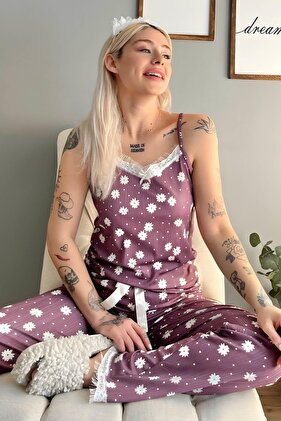Purple Spotted Daisy Lace Rope Strap Knitted Women's Pajama Set