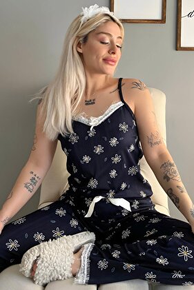 Navy Blue Daisy Lace Rope Strap Knitted Women's Pajama Set