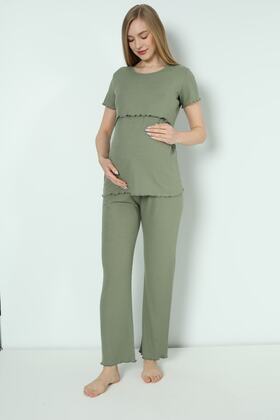 Green Cotton Corded Knitted Fabric Maternity and Maternity Pajamas Set