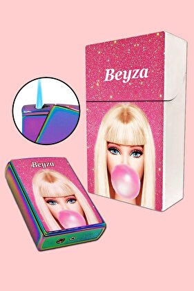 Barbie Kişiye Özel İsim Baskılı Sigara Kutusu ve Kaydırmalı Çakmak Hediye Seti