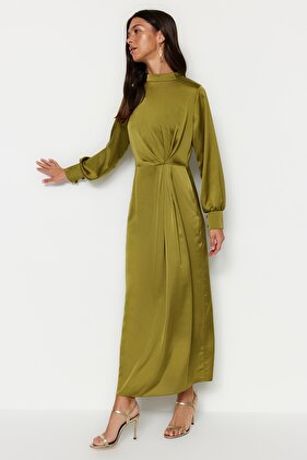 Oil Green Satin Evening Dress with Drawstring Waist Tctss23Db00043