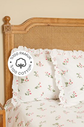 طقم ملاءات مزدوجة مكشكشة من القطن بنسبة 100% باللون الأحمر من سيلفي